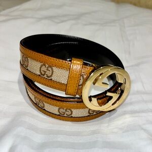 Gucci Belt - Gold with Logo Print and Leather Trim, Size Small